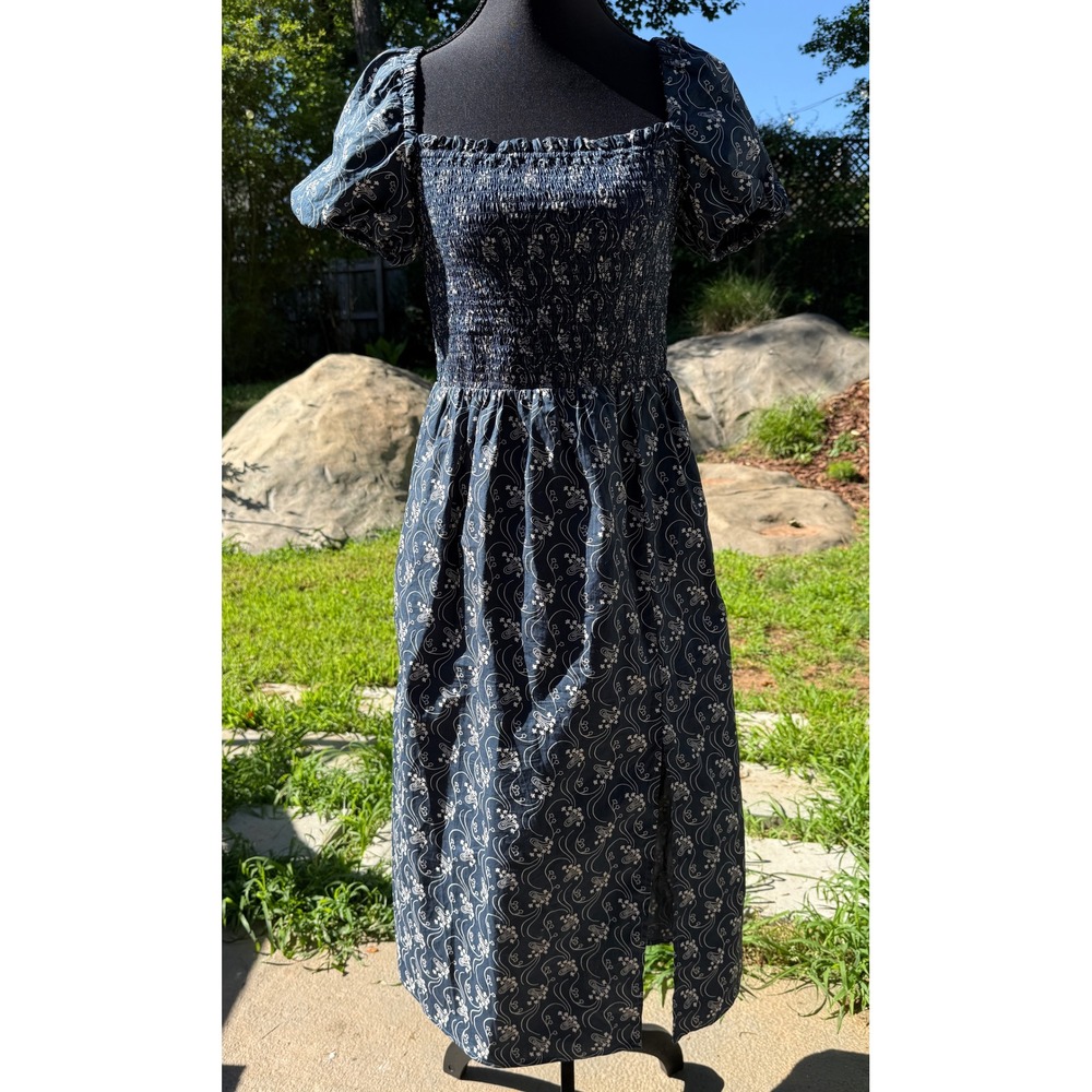 J.Crew Smocked Puff Sleeve Midi Dress Navy White Floral Cotton M